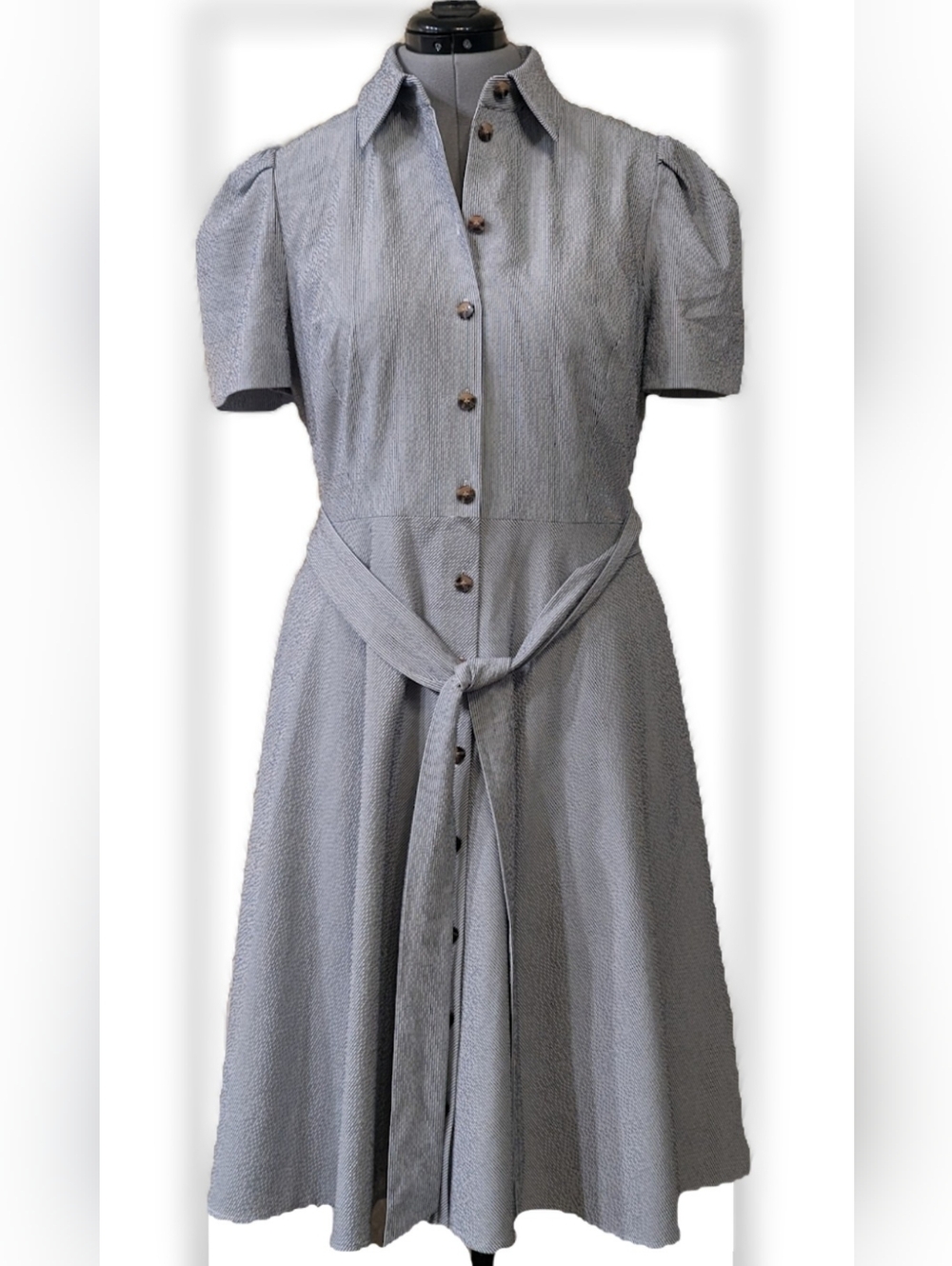 PRESTON & YORK Striped Short-Sleeve Midi Dress in Light Gray